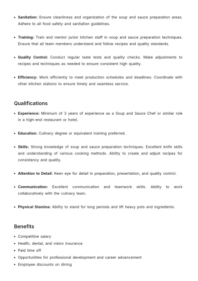 Free Restaurant Soup and Sauce Chef Job Description Template to Edit Online