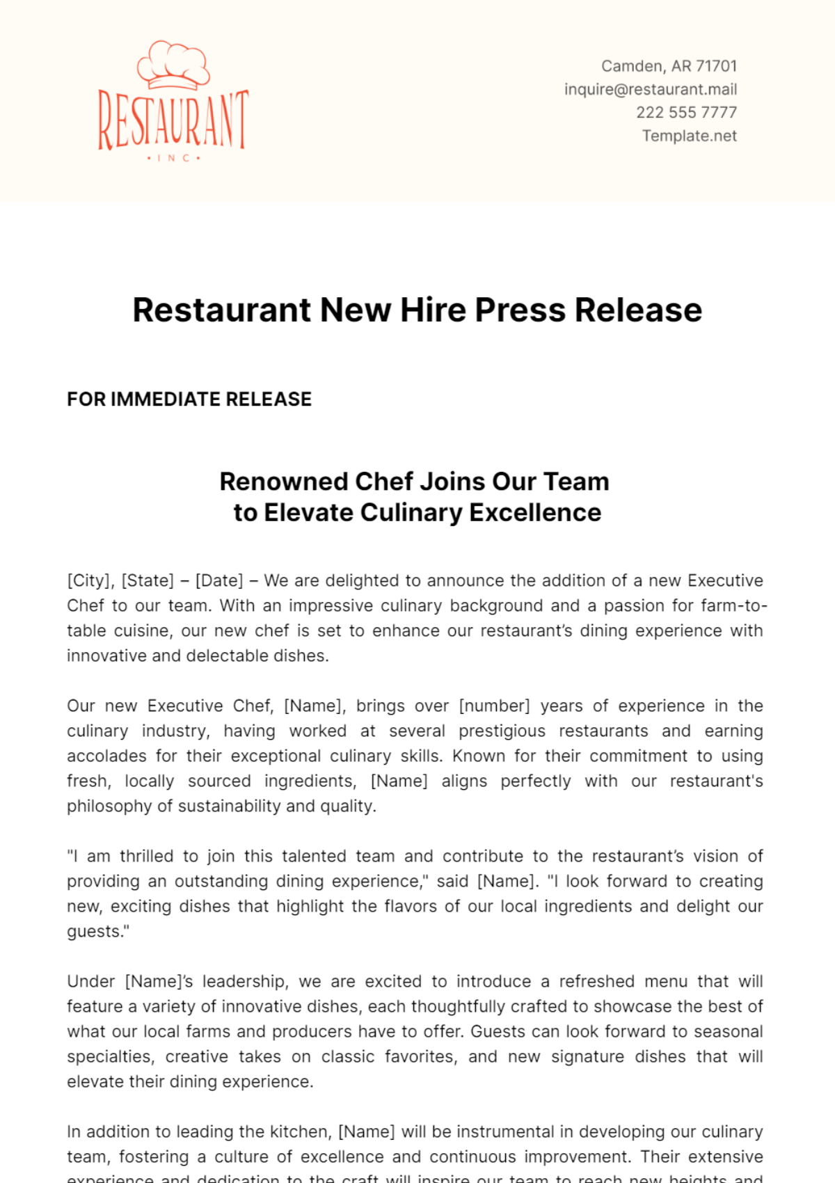 Restaurant New Hire Press Release Template - Edit Online & Download