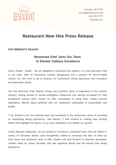 Free Restaurant New Hire Press Release Template to Edit Online