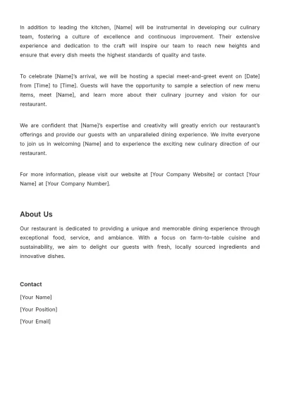 Free Restaurant New Hire Press Release Template to Edit Online