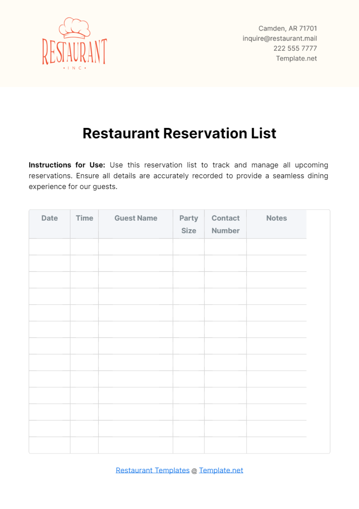 Restaurant Reservation List Template - Edit Online & Download