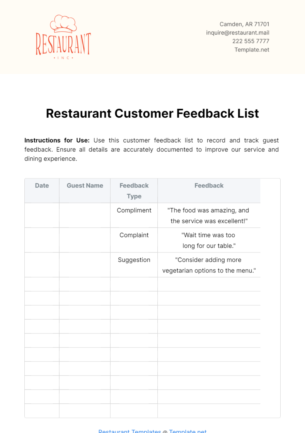 Restaurant Customer Feedback List Template
