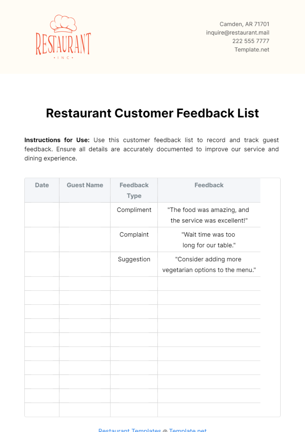 Restaurant Customer Feedback List Template - Edit Online & Download