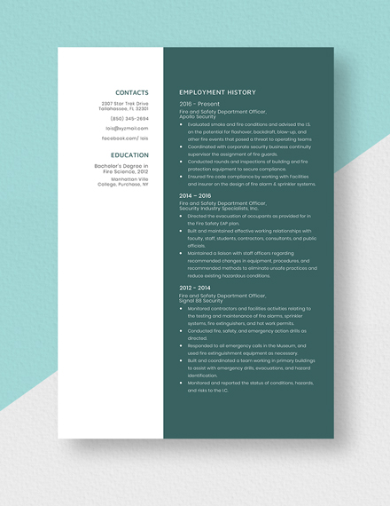 Fire and Safety Department Officer Resume Template