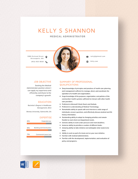Free Medical Administrator Resume Template - Word, Apple Pages