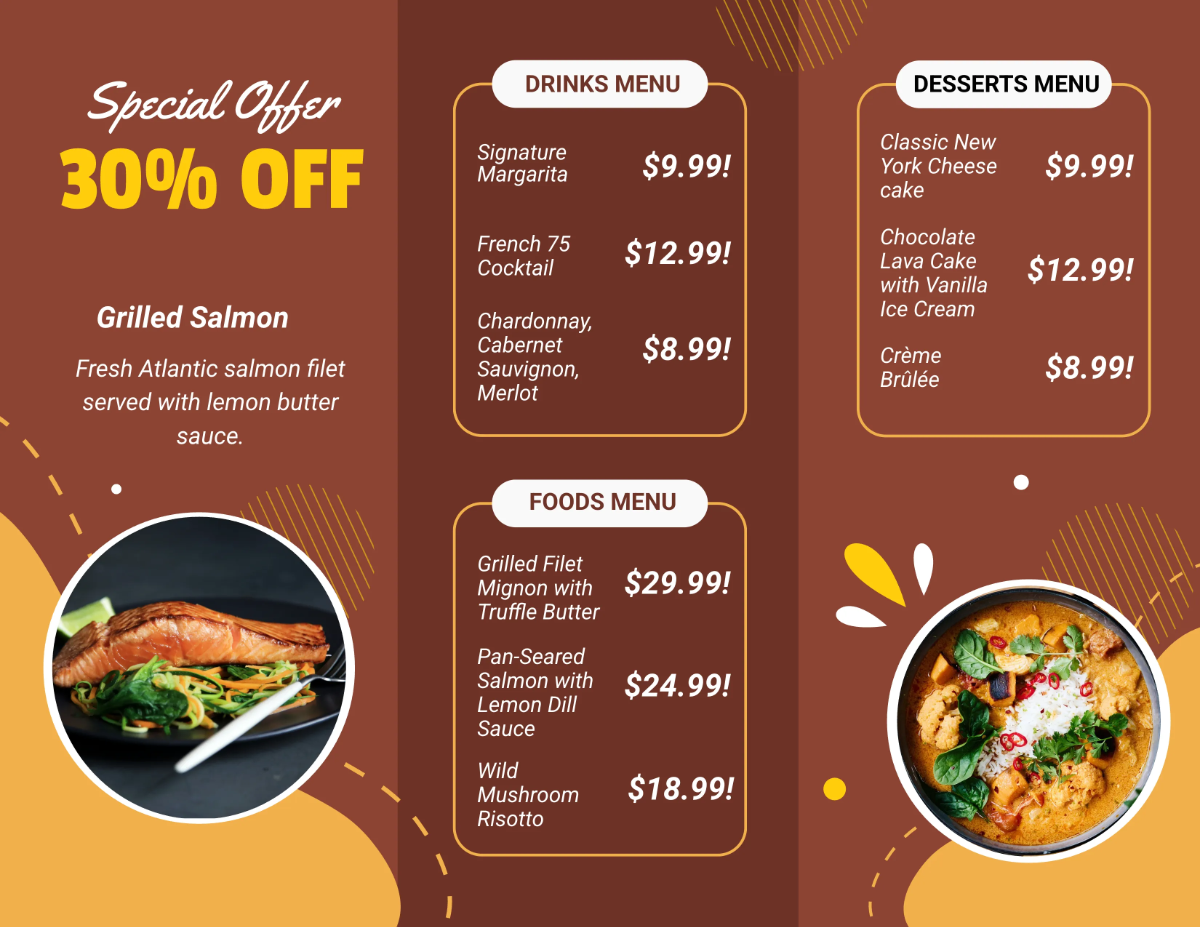 Free Restaurant Menu Brochure Template to Edit Online