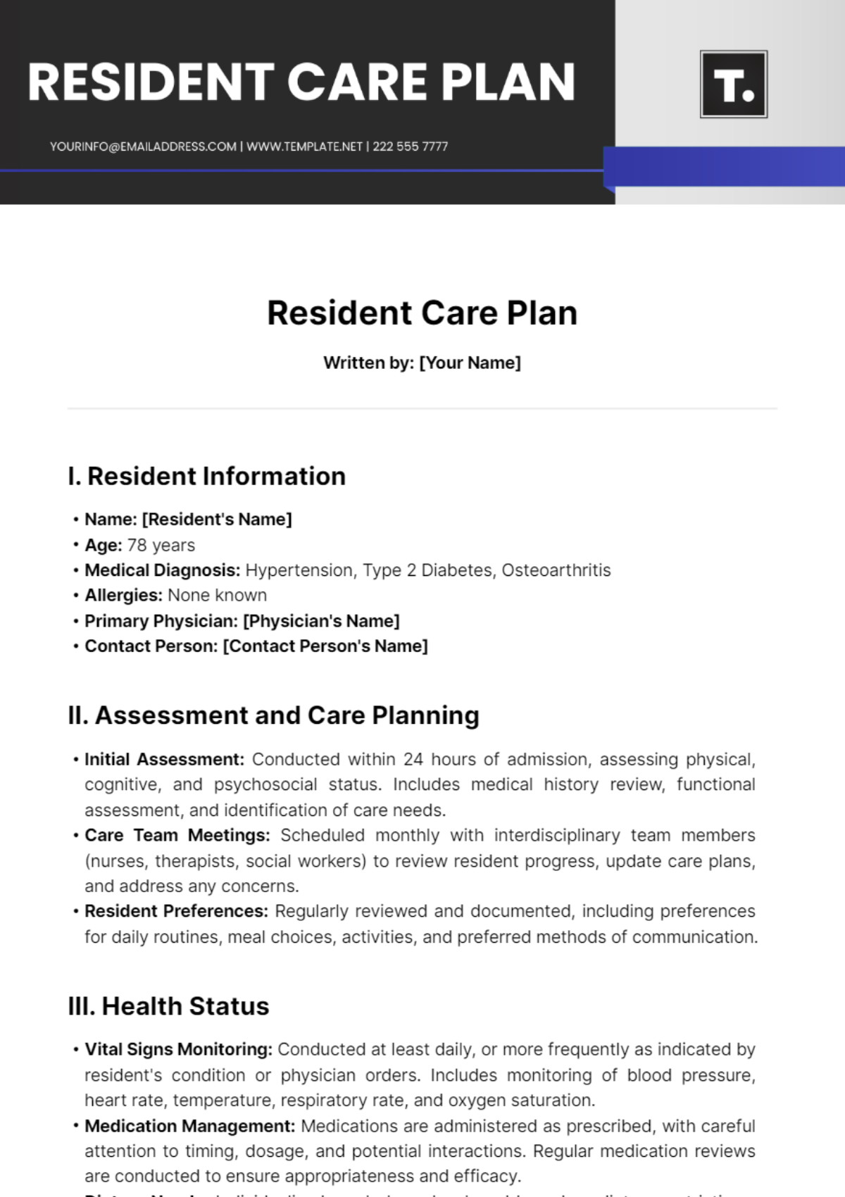 Resident Care Plan Template