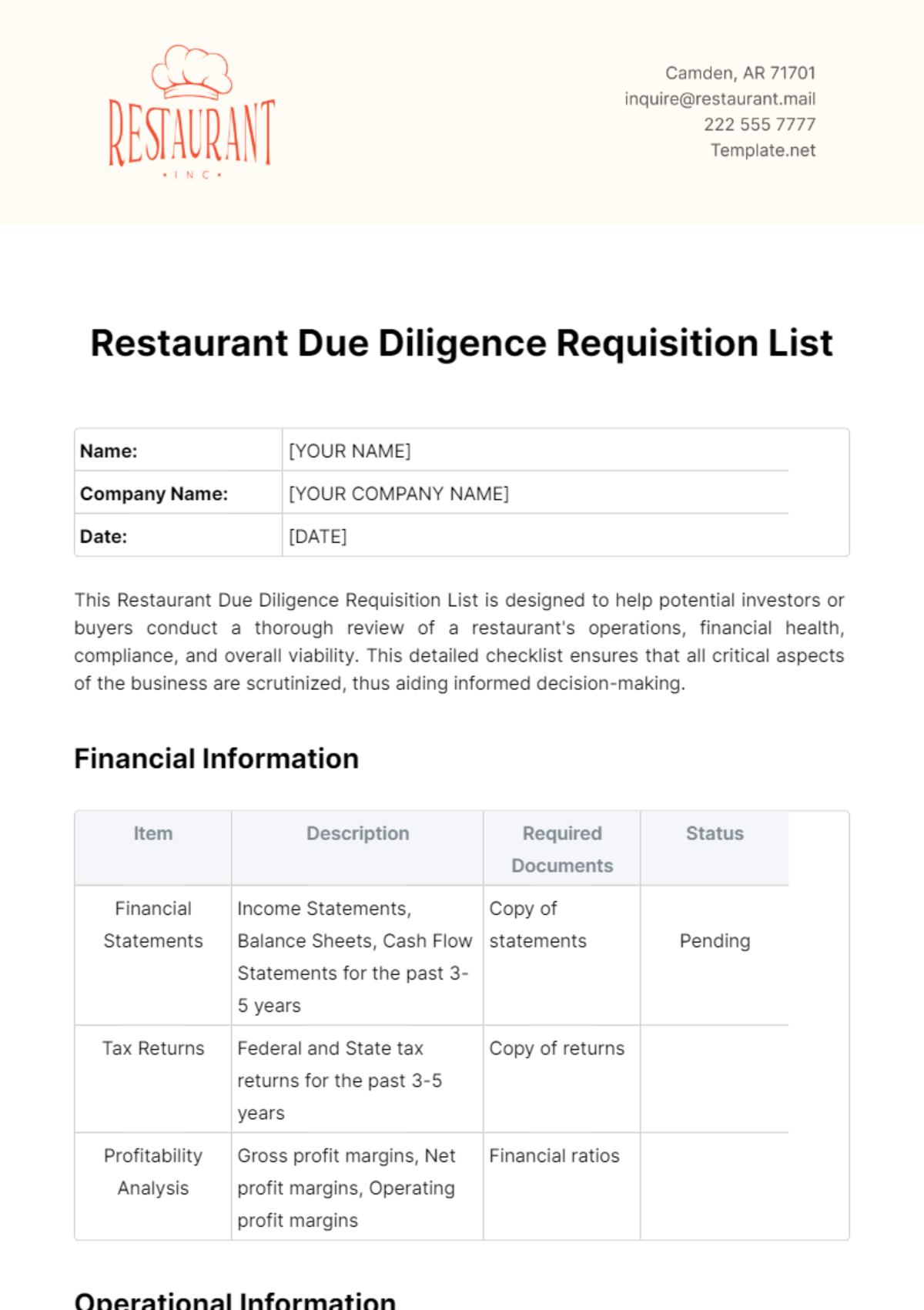 Restaurant Due Diligence Requisition List Template - Edit Online & Download