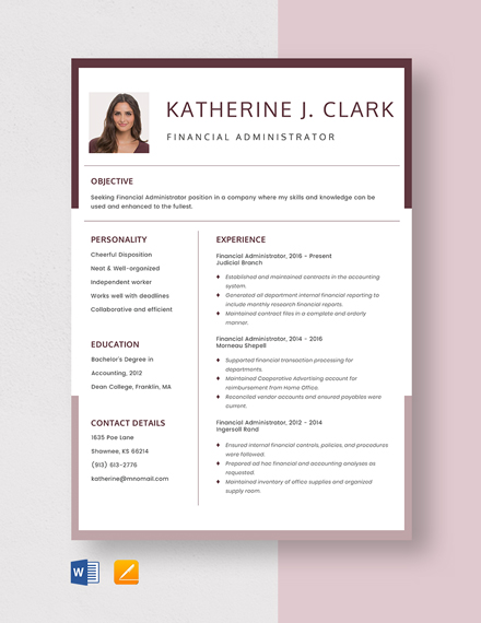 Financial Administrator Resume Template - Word, Apple Pages