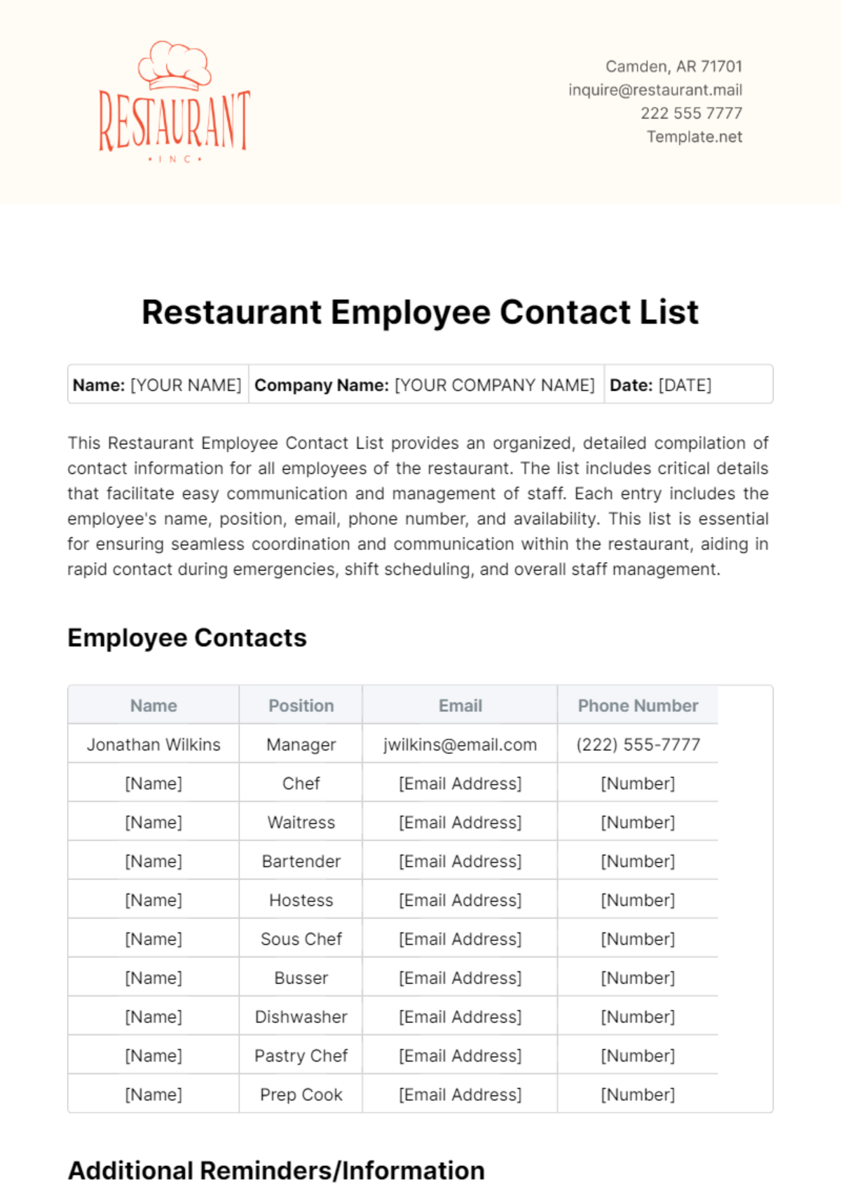 Restaurant Employee Contact List Template