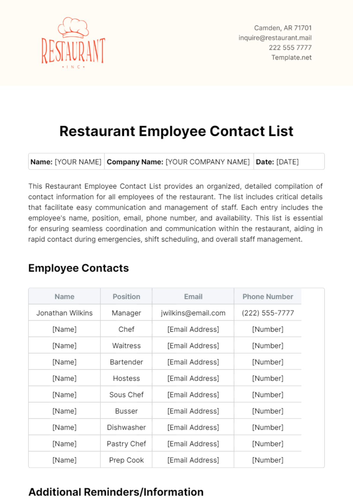 Restaurant Employee Contact List Template - Edit Online & Download