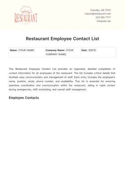 Free Restaurant Employee Contact List Template to Edit Online