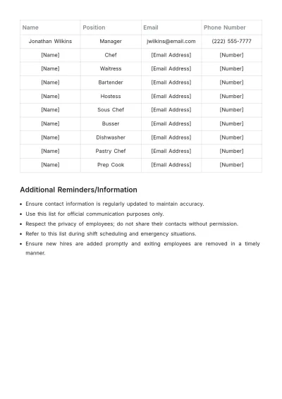 Free Restaurant Employee Contact List Template to Edit Online