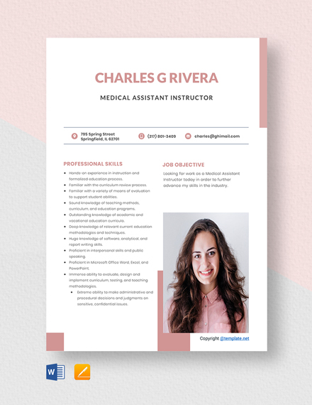 Medical Assistant Instructor Resume Template - Word, Apple Pages