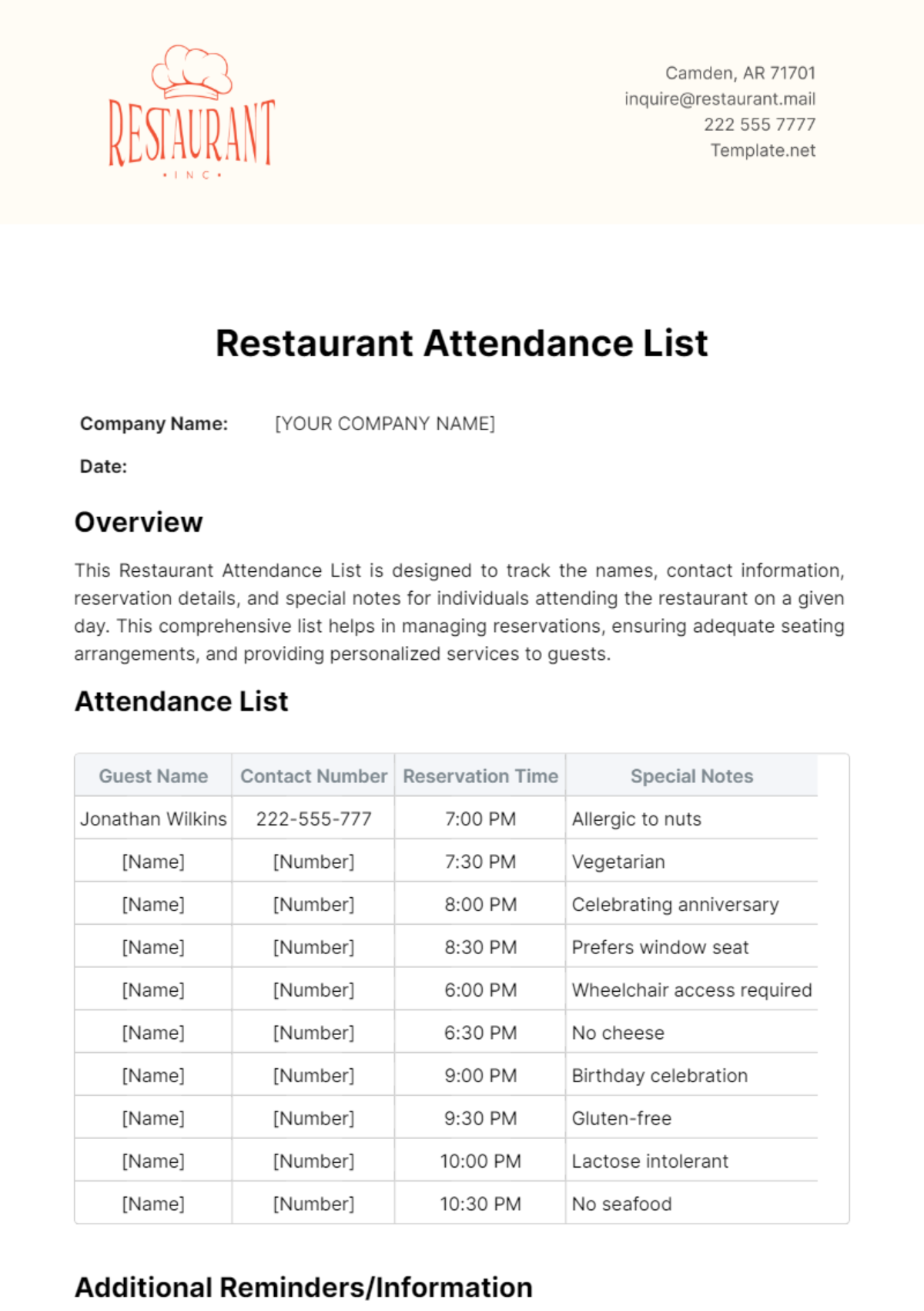 Restaurant Attendance List Template - Edit Online & Download