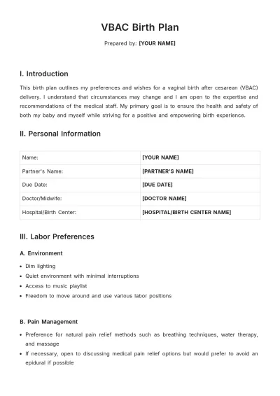 Free VBAC Birth Plan Template to Edit Online