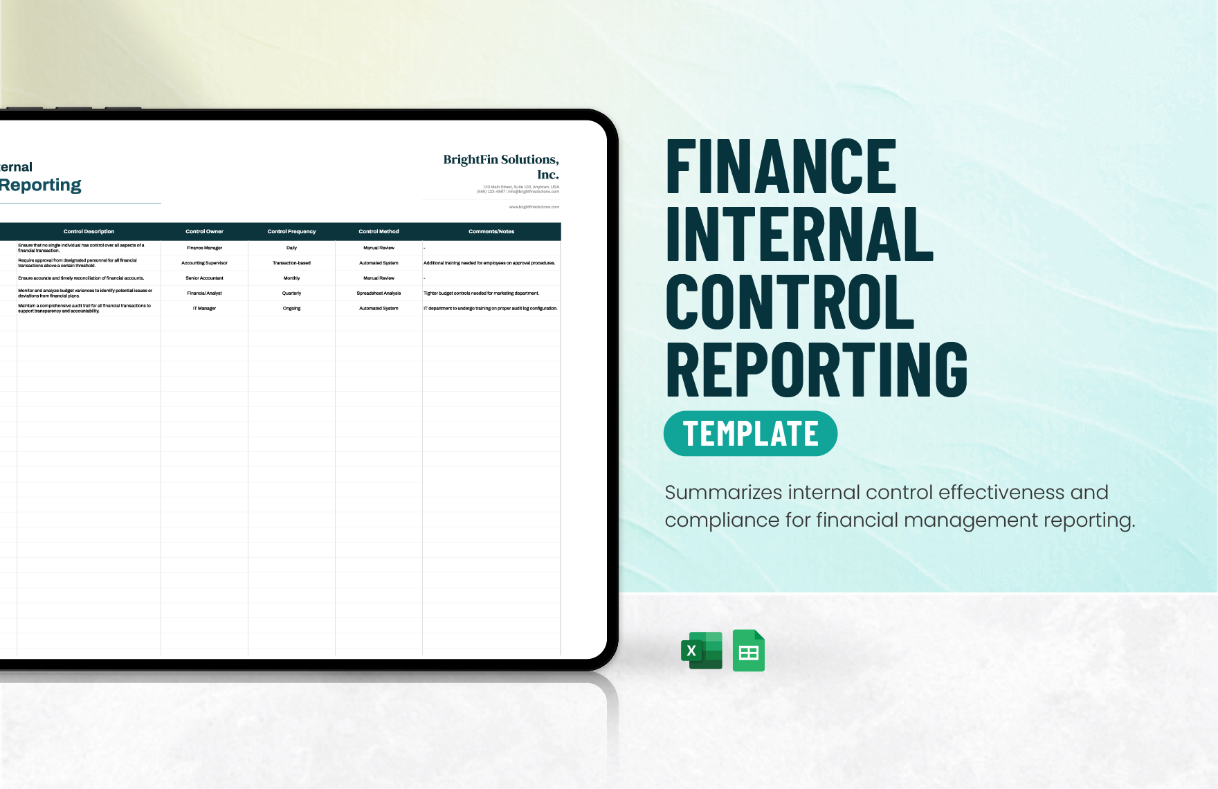 Finance Internal Control Reporting Template