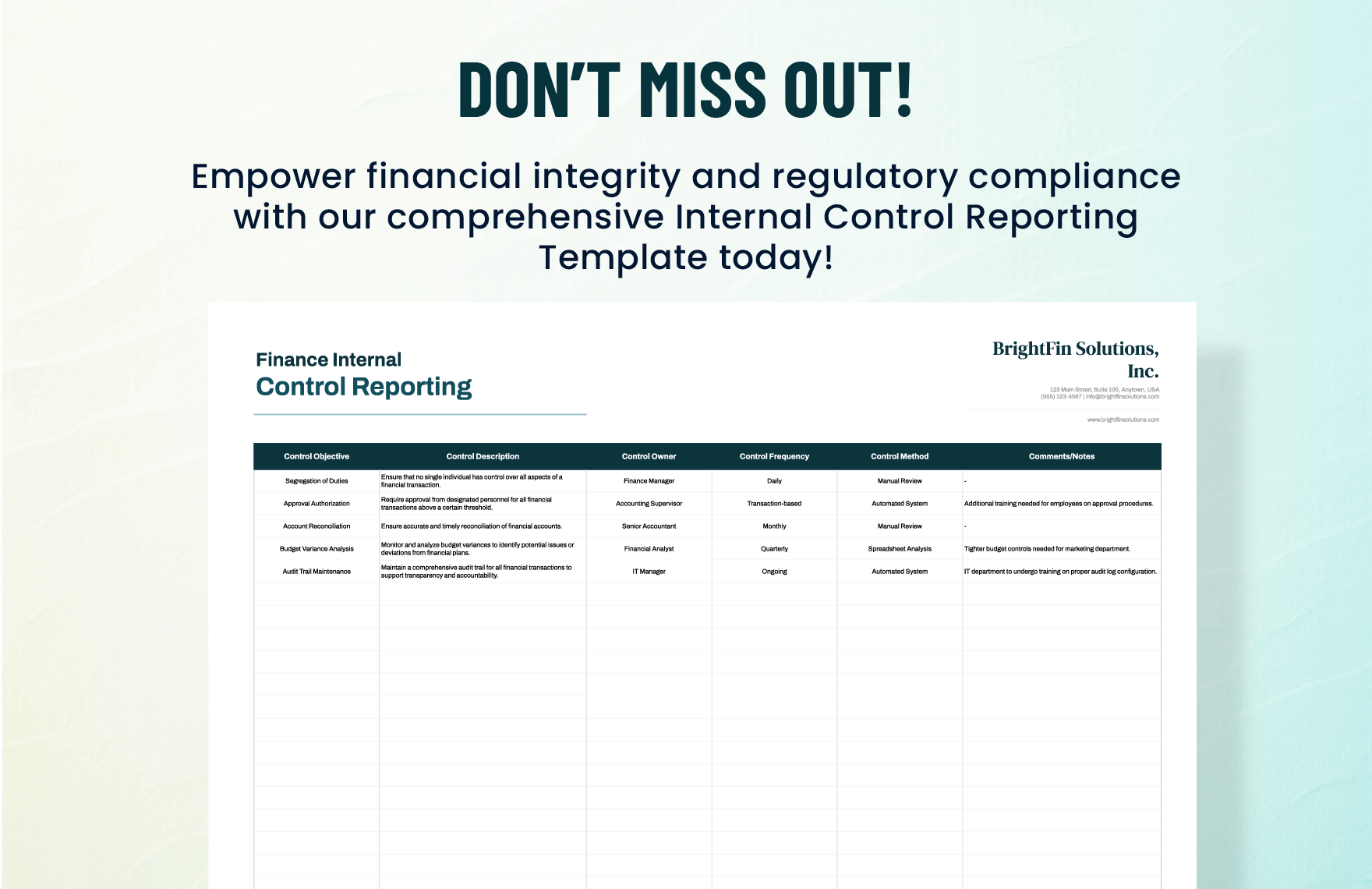 Finance Internal Control Reporting Template