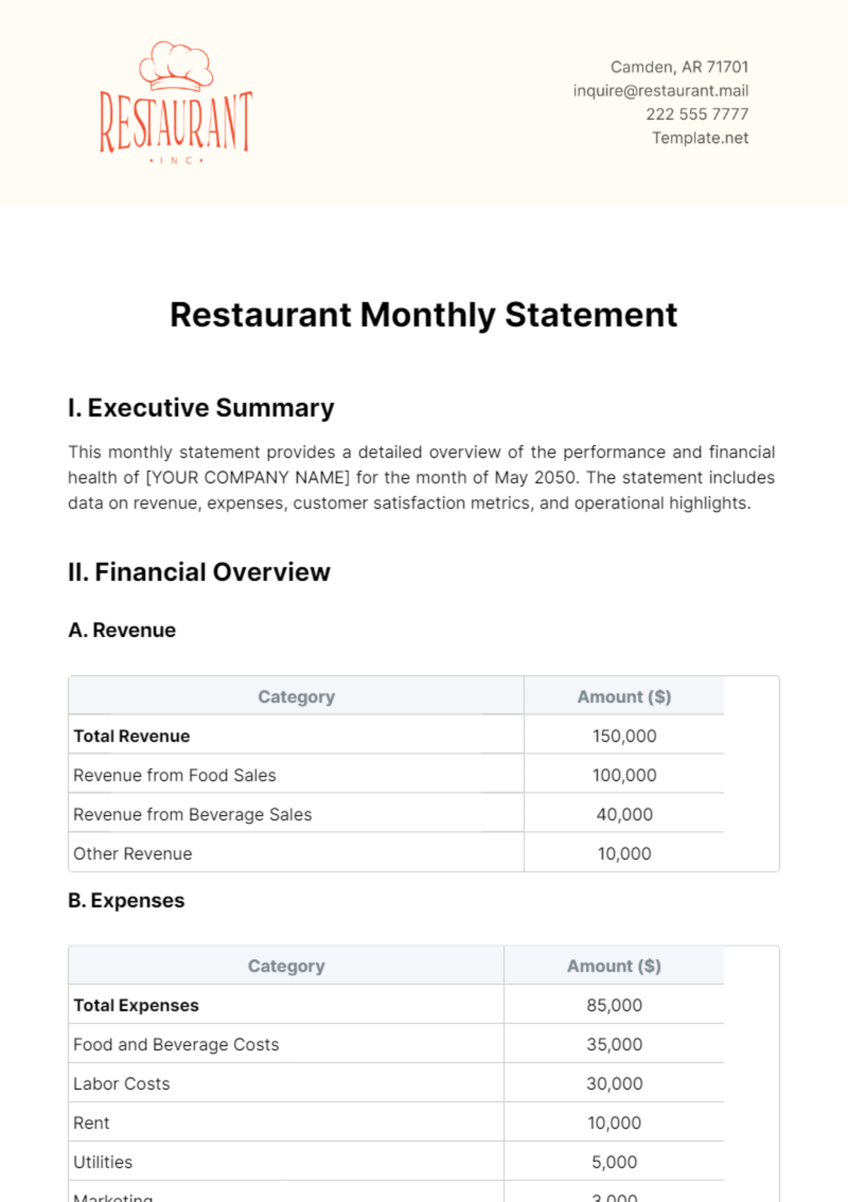 Restaurant Monthly Statement Template - Edit Online & Download