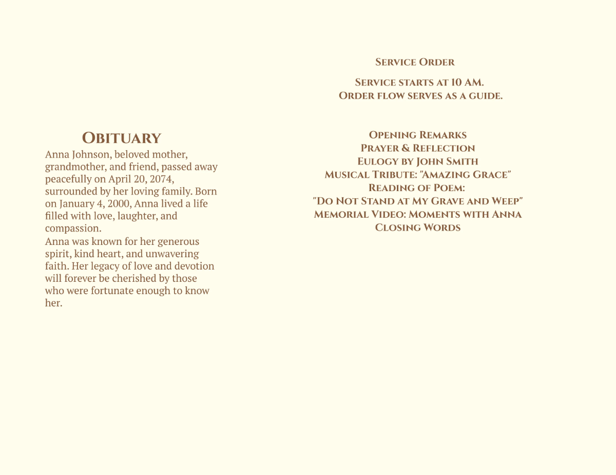 Free Funeral Program Brochure Template to Edit Online