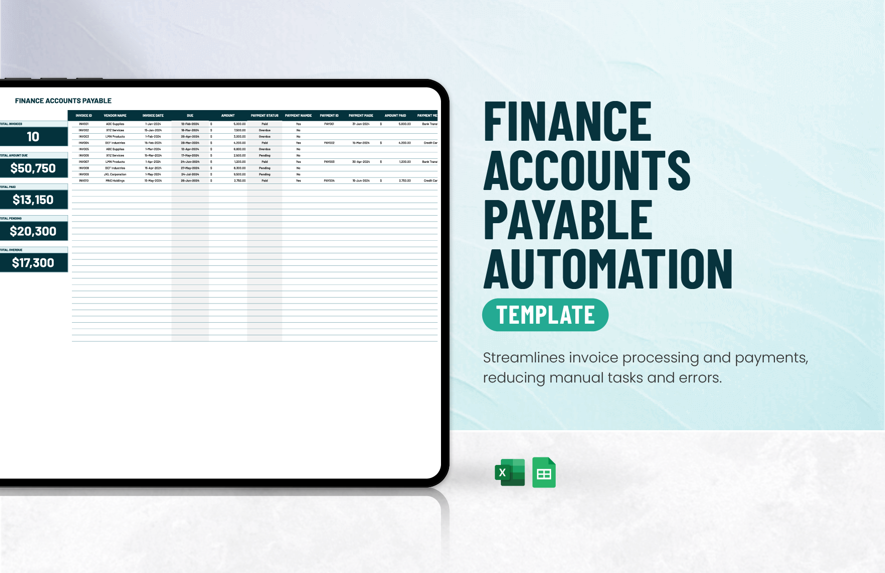Finance Accounts Payable Automation Template in Excel, Google Sheets