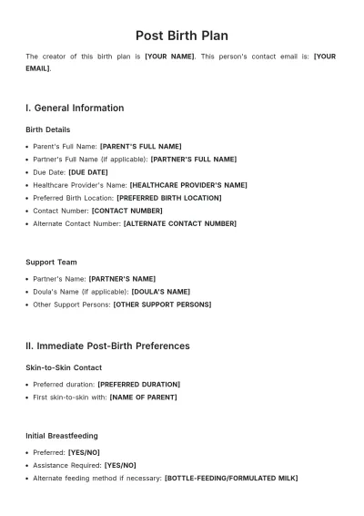 Free Post Birth Plan Template to Edit Online