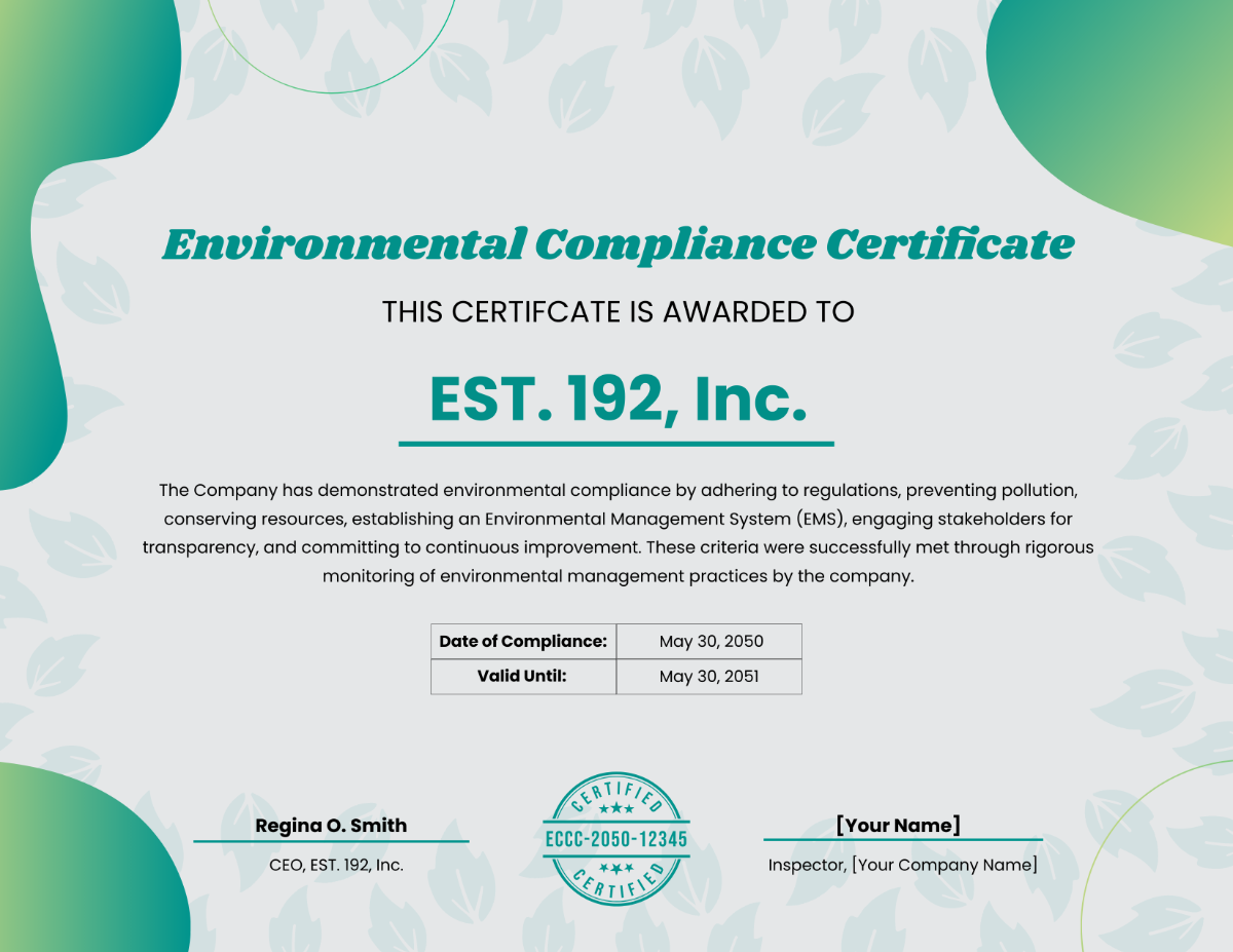 Environment Compliance Certificate Template