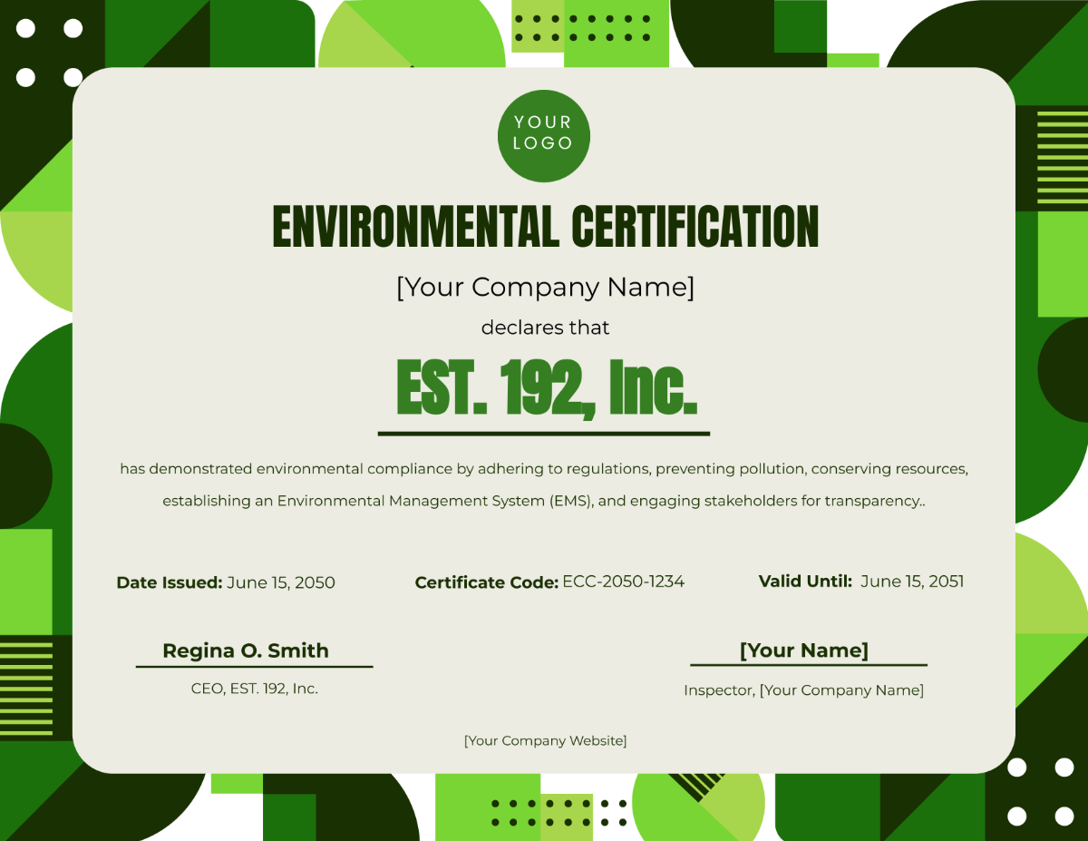 Environmental Certification for Companies Template