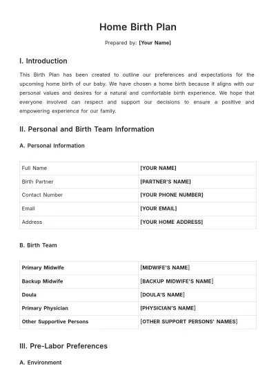 Free Home Birth Plan Template to Edit Online
