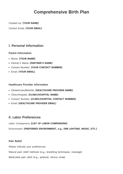 Free Comprehensive Birth Plan Template to Edit Online