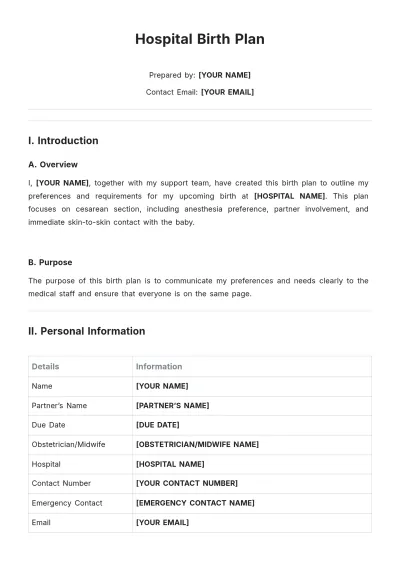 Free Hospital Birth Plan Template to Edit Online