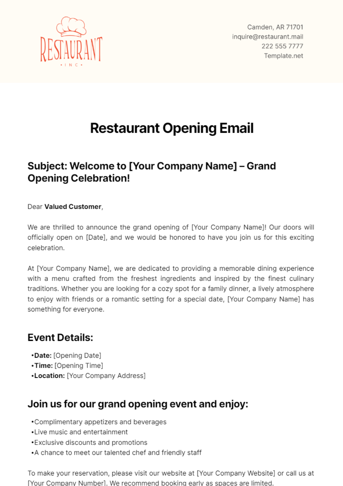 Restaurant Opening Email Template - Edit Online & Download