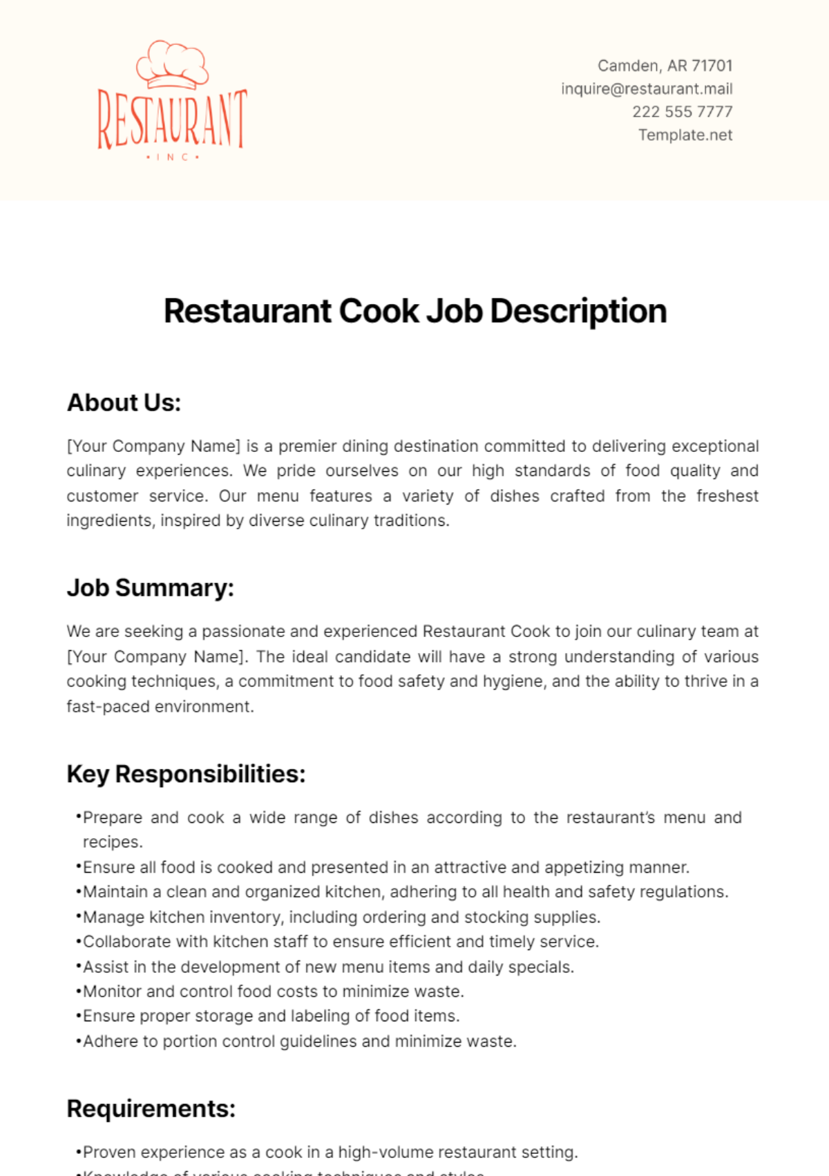 Restaurant Cook Job Description Template - Edit Online & Download