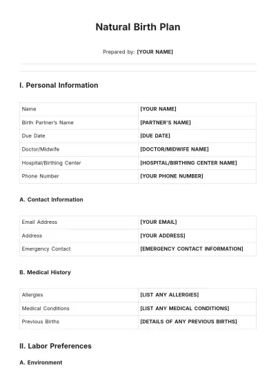 Free Natural Birth Plan Template to Edit Online