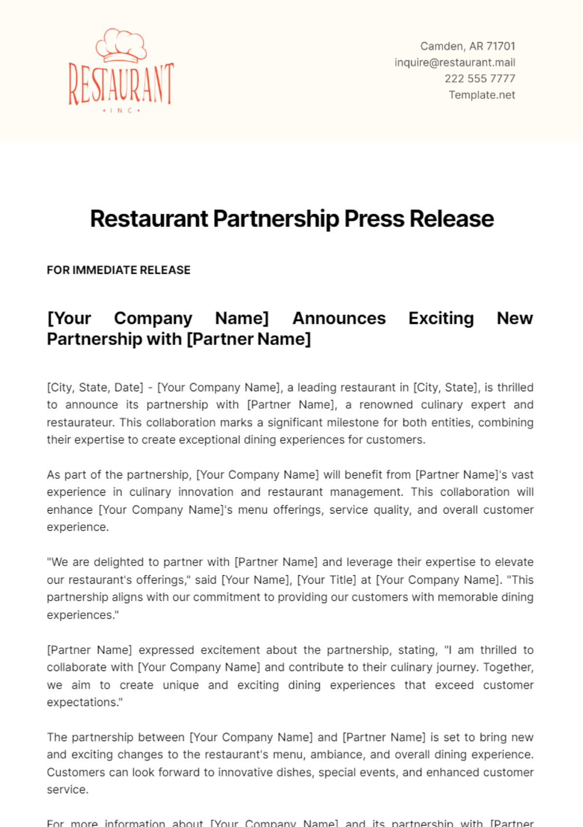 Restaurant Partnership Press Release Template - Edit Online & Download