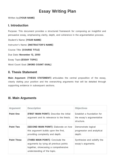 Free Essay Writing Plan Template to Edit Online