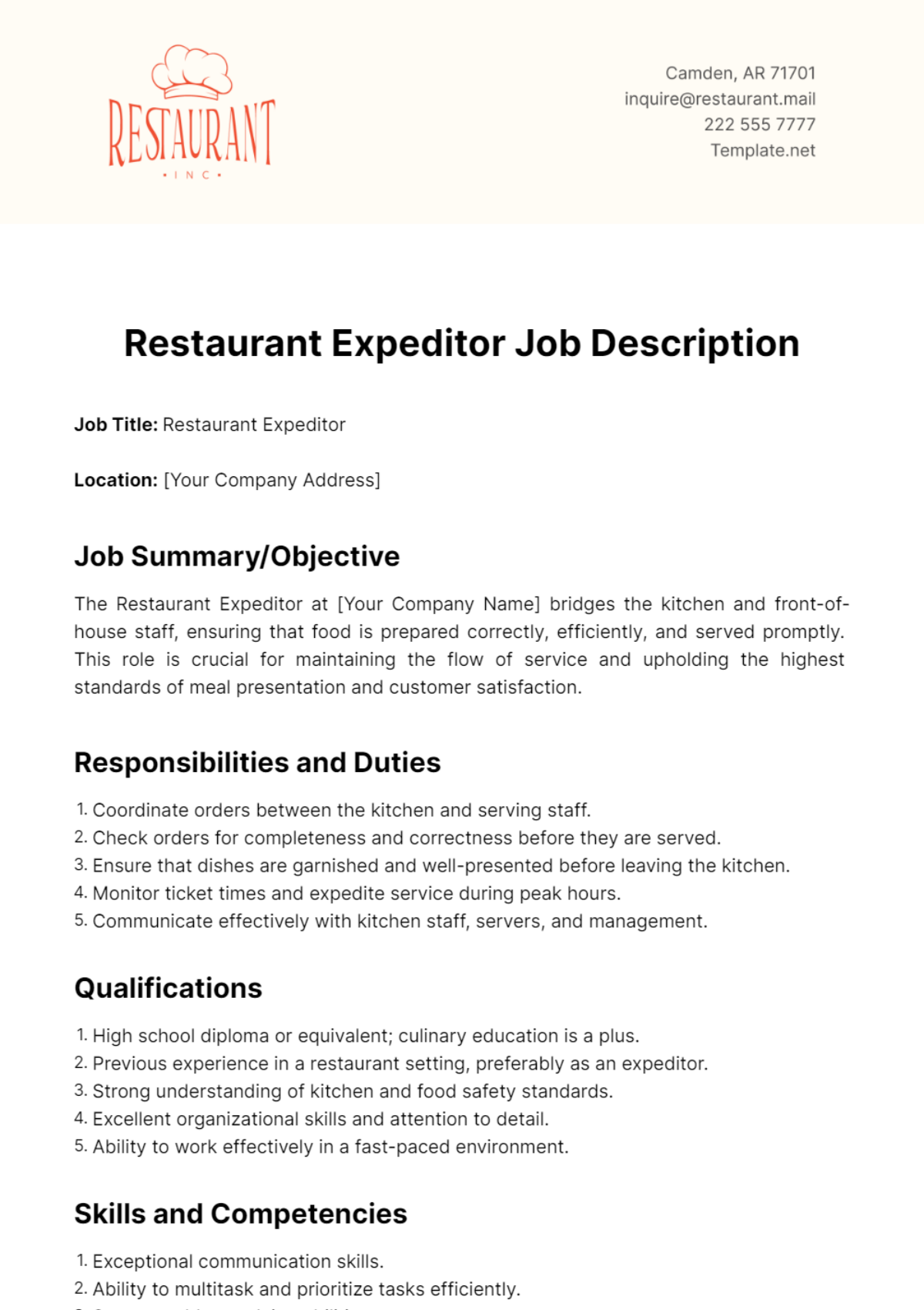 Restaurant Expeditor Job Description Template - Edit Online & Download