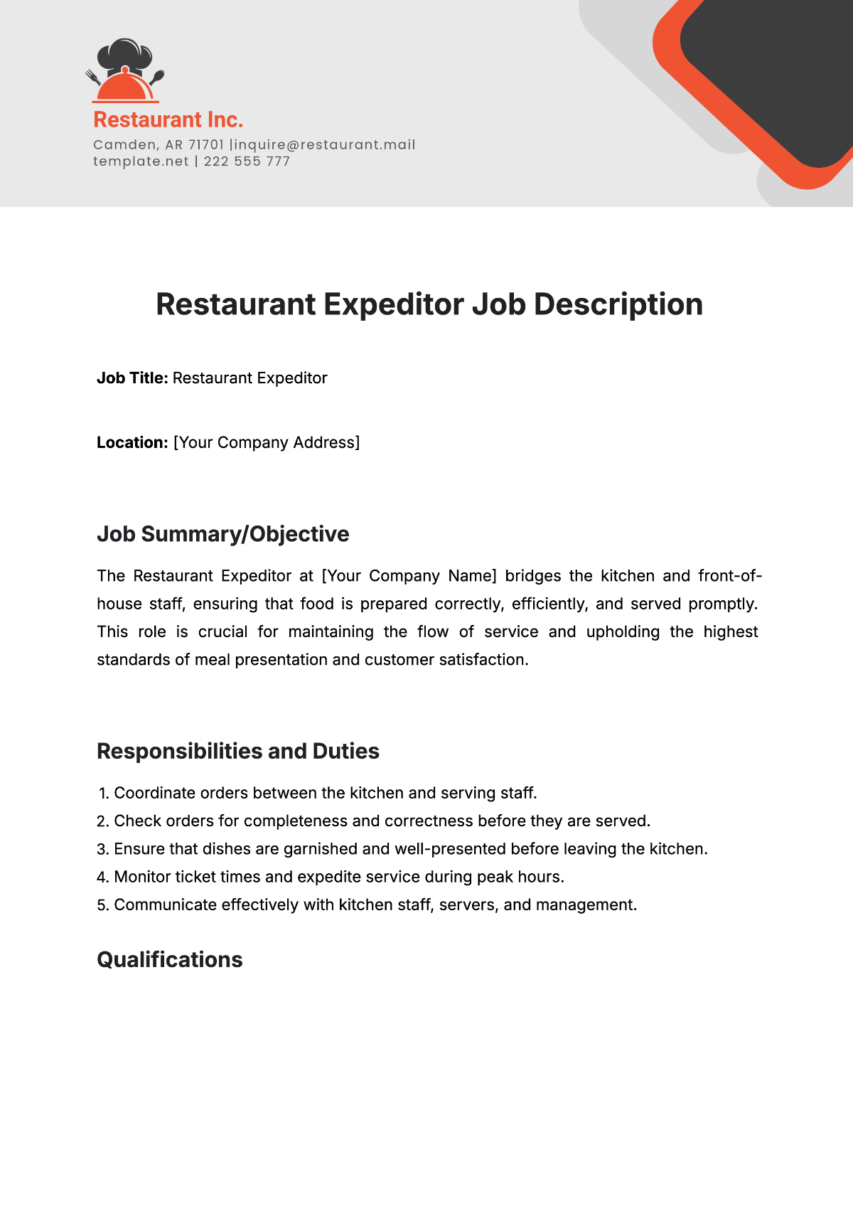 Free Restaurant Expeditor Job Description Template