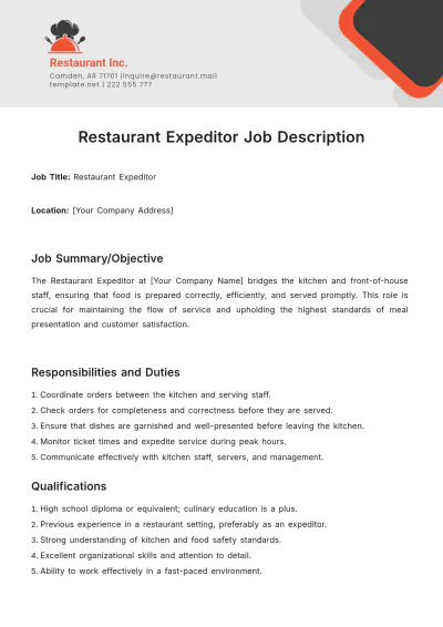 Free Restaurant Expeditor Job Description Template to Edit Online