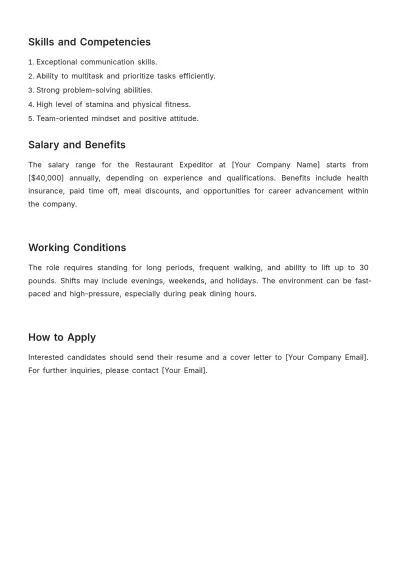 Free Restaurant Expeditor Job Description Template to Edit Online