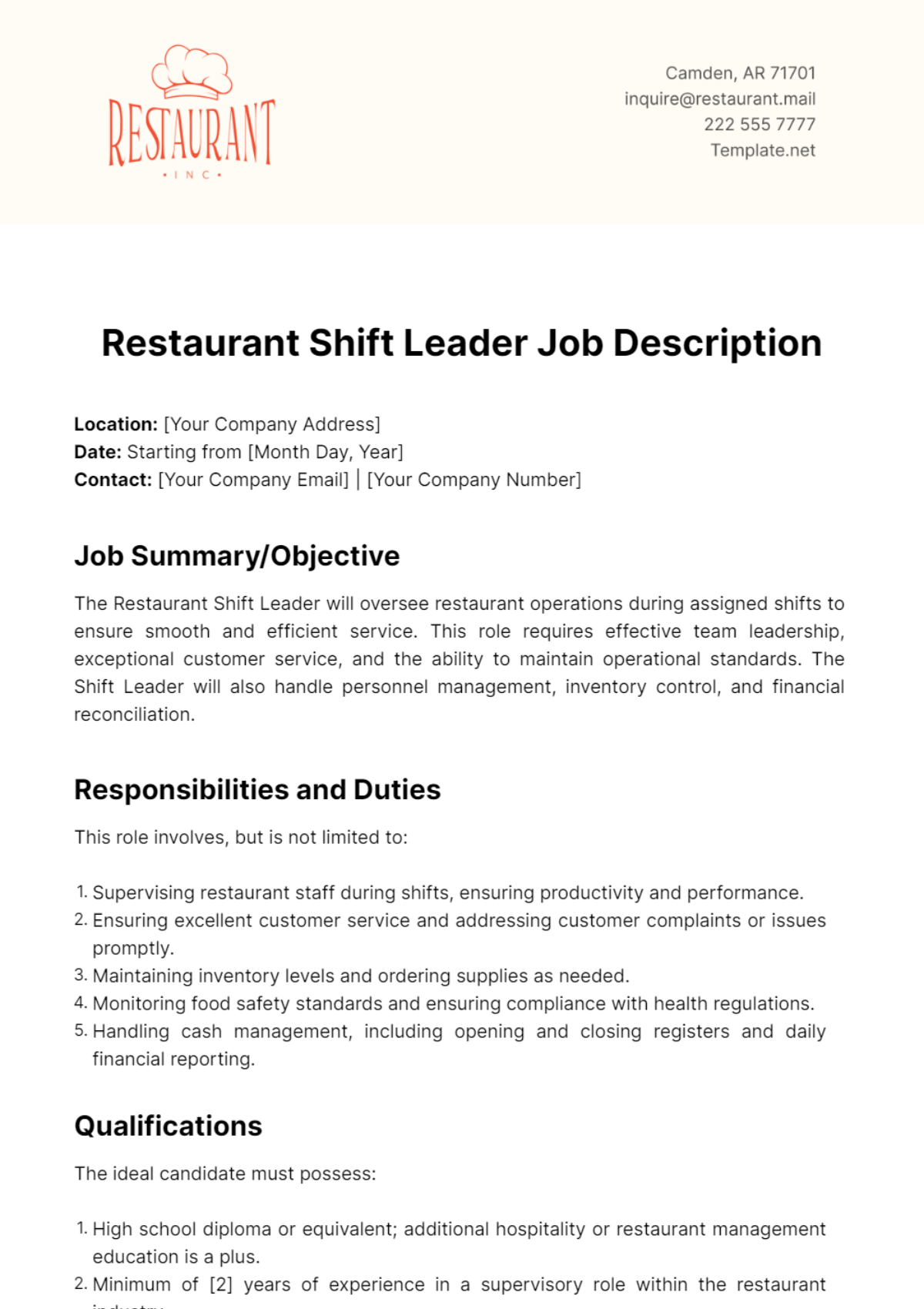 Restaurant Shift Leader Job Description Template - Edit Online & Download