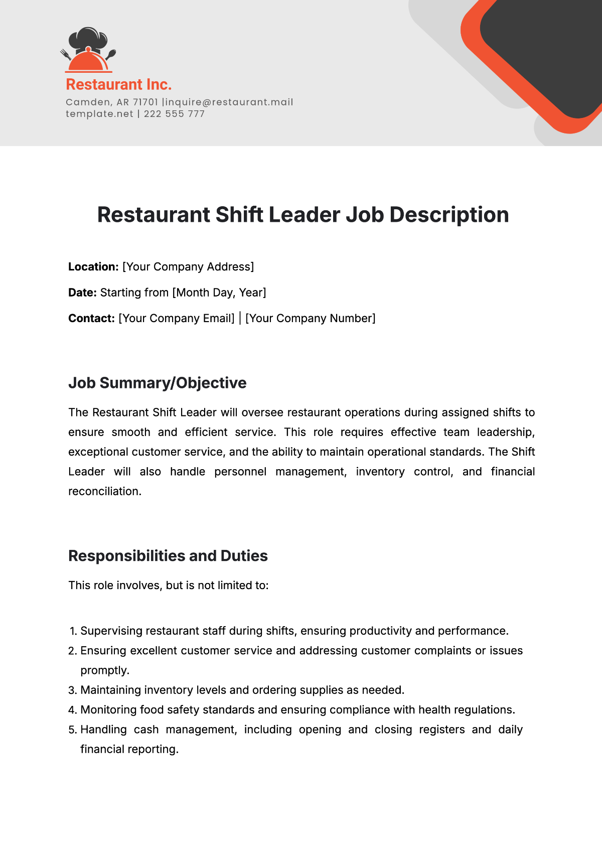 Free Restaurant Shift Leader Job Description Template