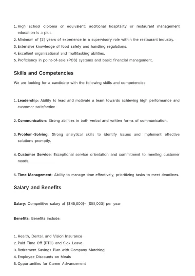 Free Restaurant Shift Leader Job Description Template to Edit Online