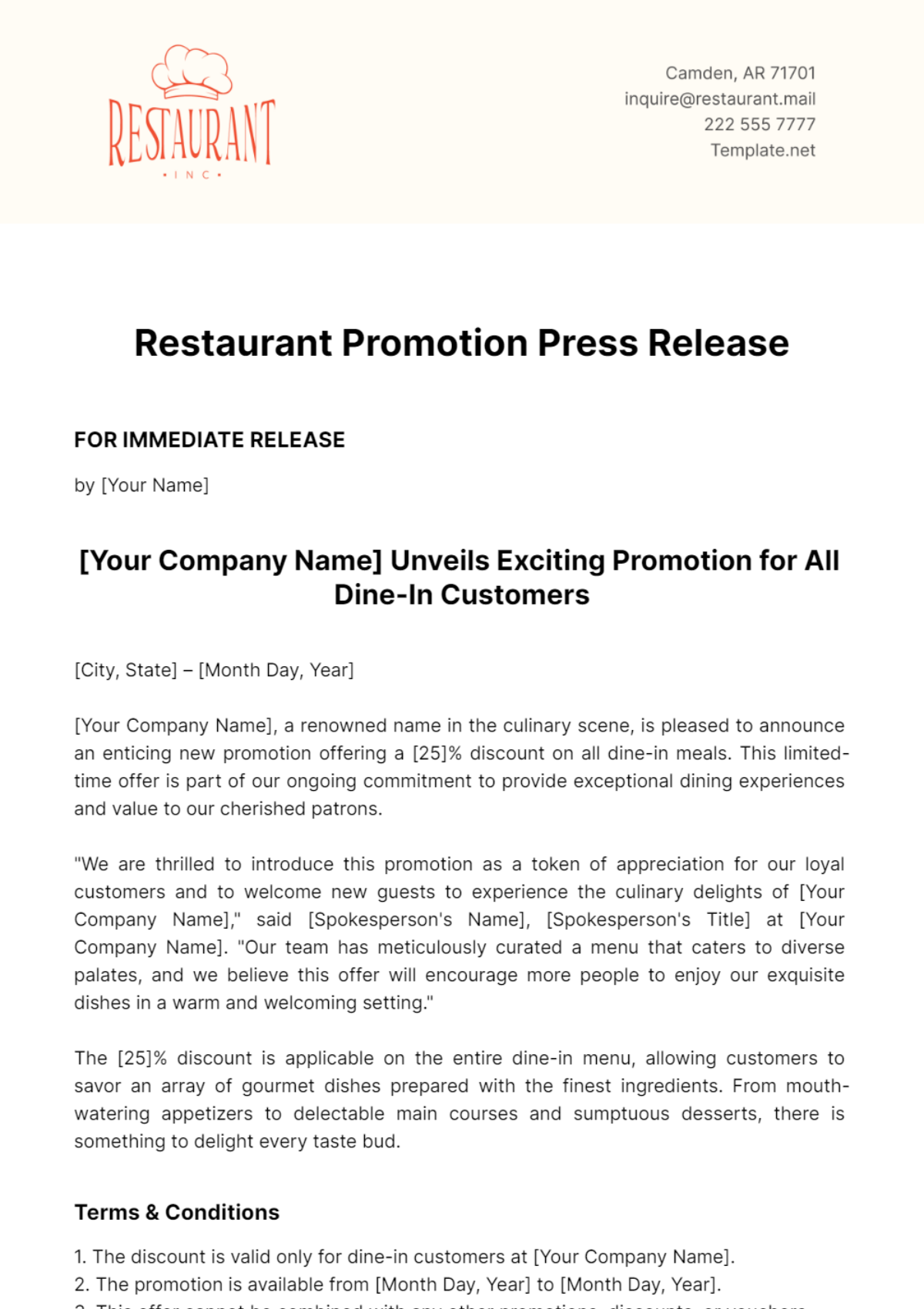 Restaurant Promotion Press Release Template - Edit Online & Download