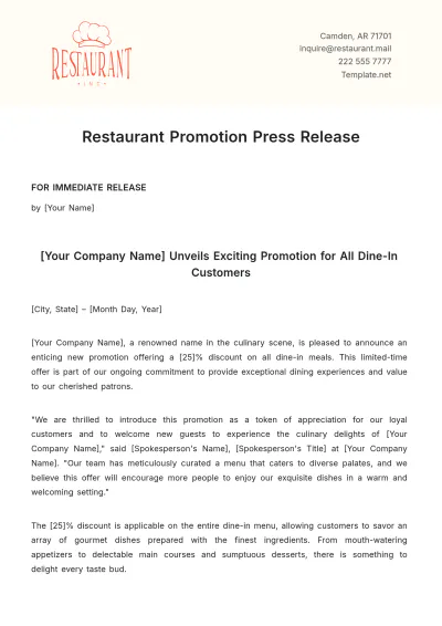 Free Restaurant Promotion Press Release Template to Edit Online