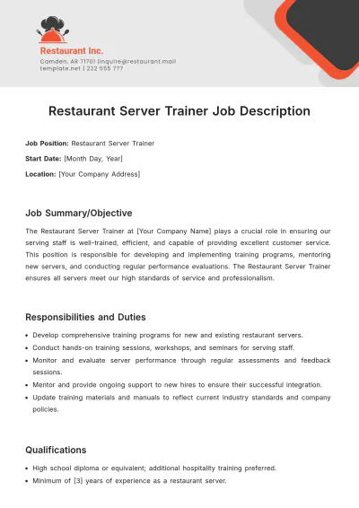 Free Restaurant Server Trainer Job Description Template to Edit Online