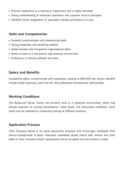Free Restaurant Server Trainer Job Description Template to Edit Online