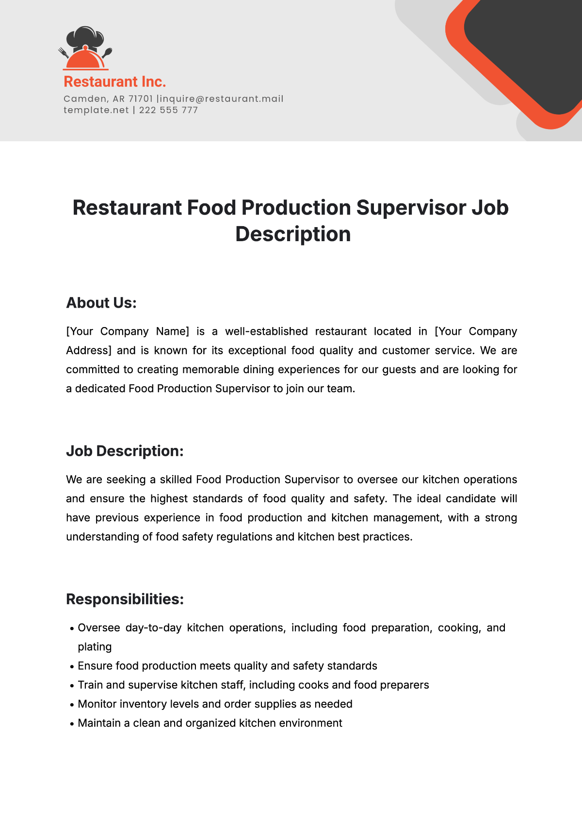 Free Restaurant Food Production Supervisor Job Description Template