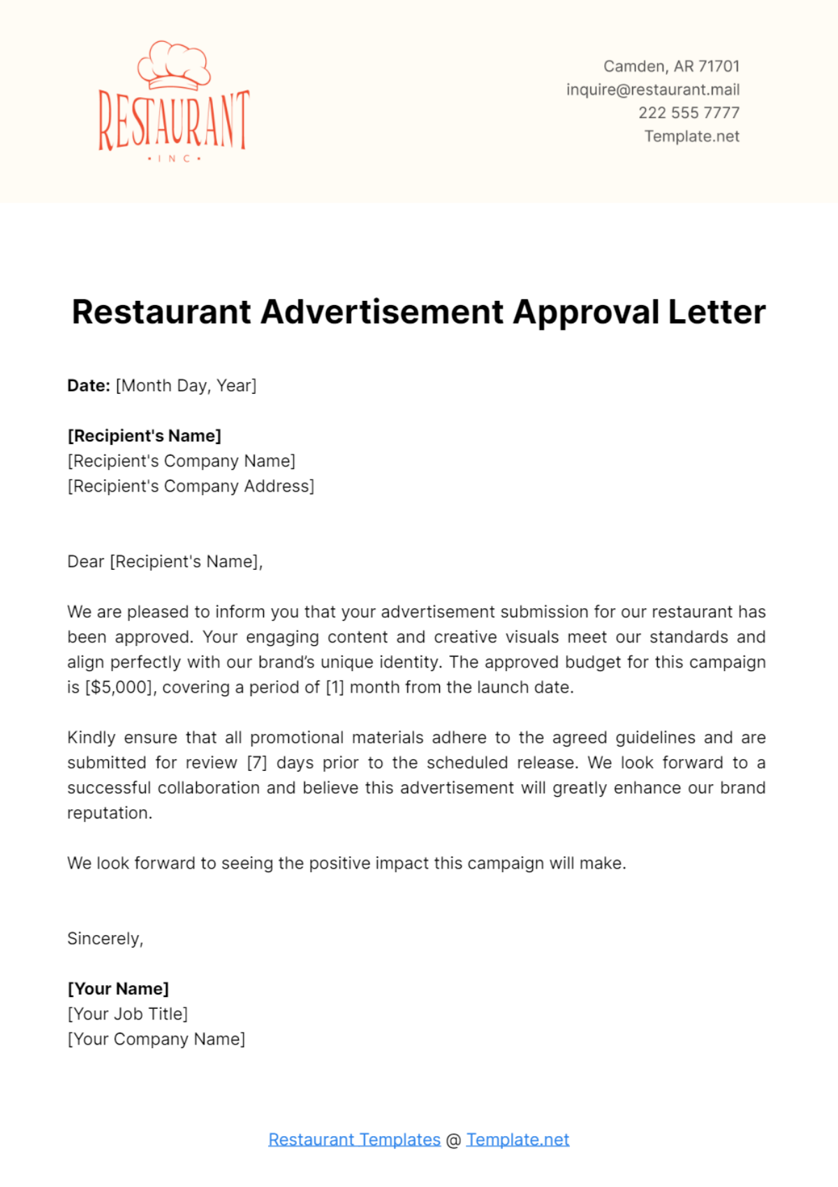 Restaurant Advertisement Approval Letter Template - Edit Online & Download