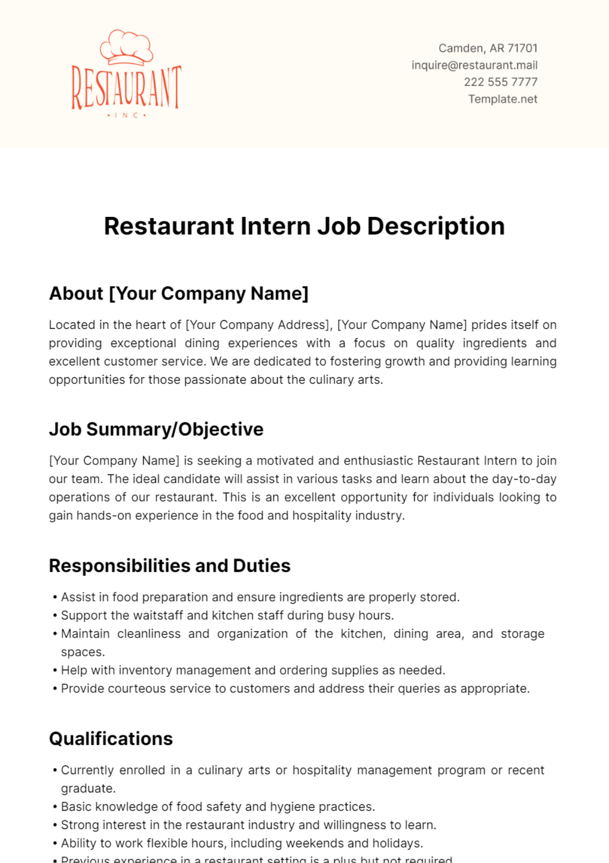 Restaurant Intern Job Description Template - Edit Online & Download